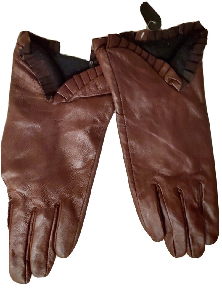 Women's Ruffle Cuff Soft Leather Gloves Brown Size- Large