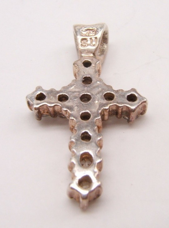 SMALL STERLING SILVER CROSS PENDANT WITH CZ’S SIGNED SU