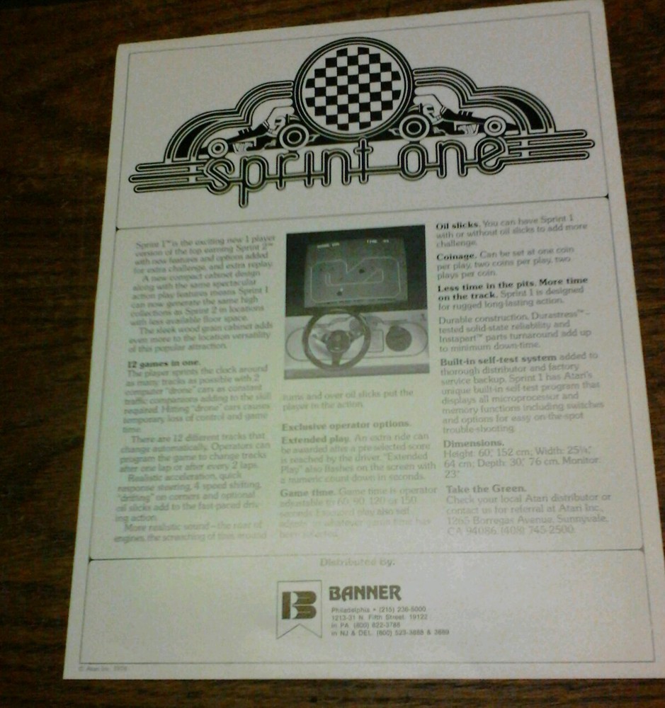 Atari SPRINT ONE Arcade Video Game flyer- original