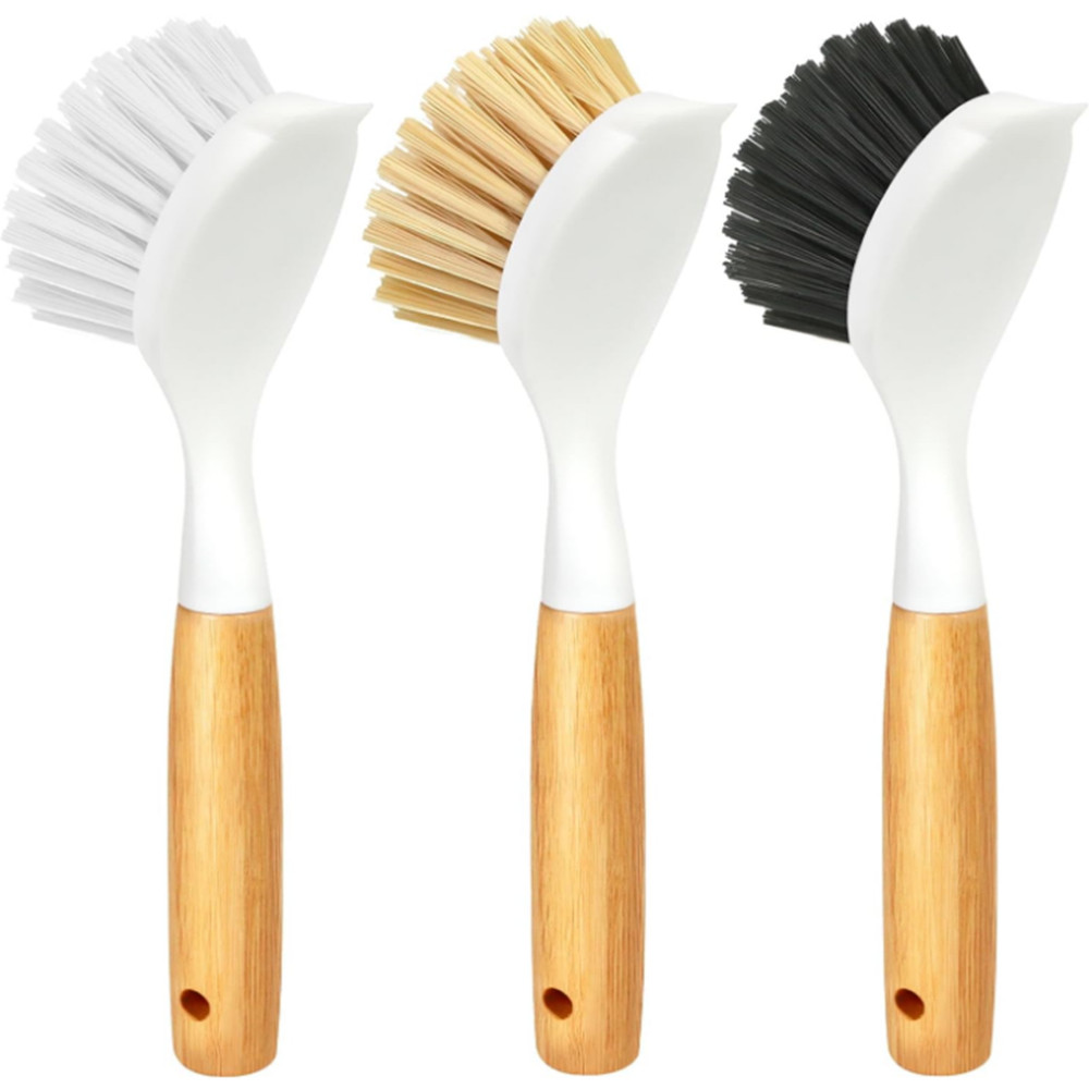 3 Pack Dish Brush Set with Bamboo Handle Yellow White Black