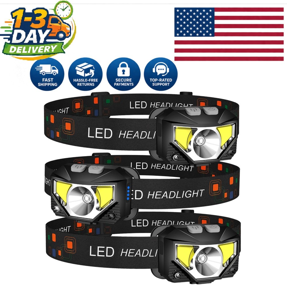 3-Pack Waterproof Rechargeable Headlamp Flashlight with Motion Sensor Technology