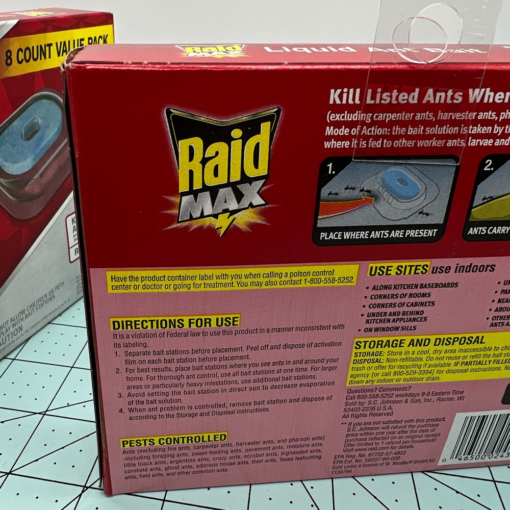 Raid Max Liquid Ant Bait 8 Count Value Pack kils indoors Queen Colony x 2 boxes