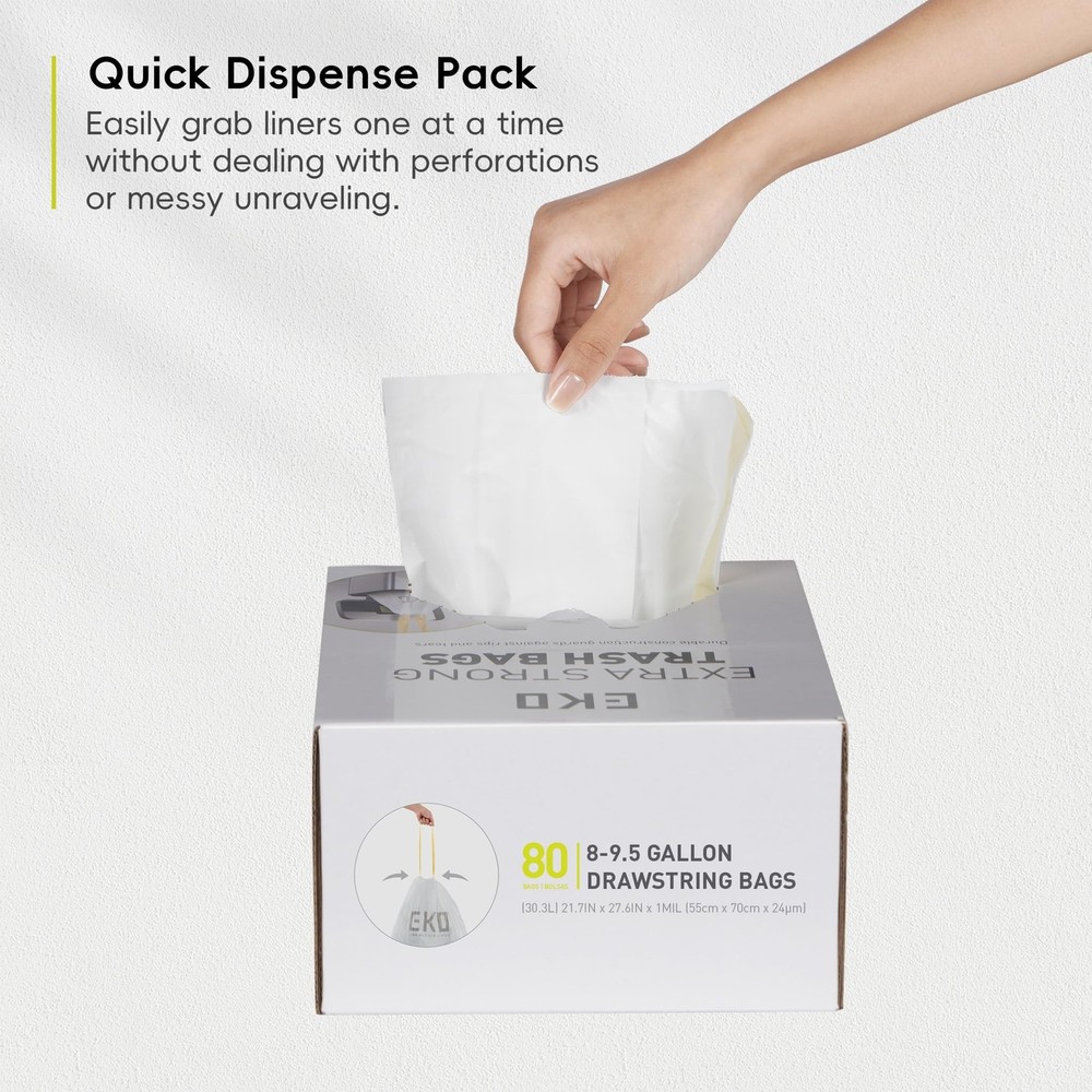 EKO Easy-Dispense Roll 80 Count Extra-Strong Drawstring Tall Kitchen Trash Ba...