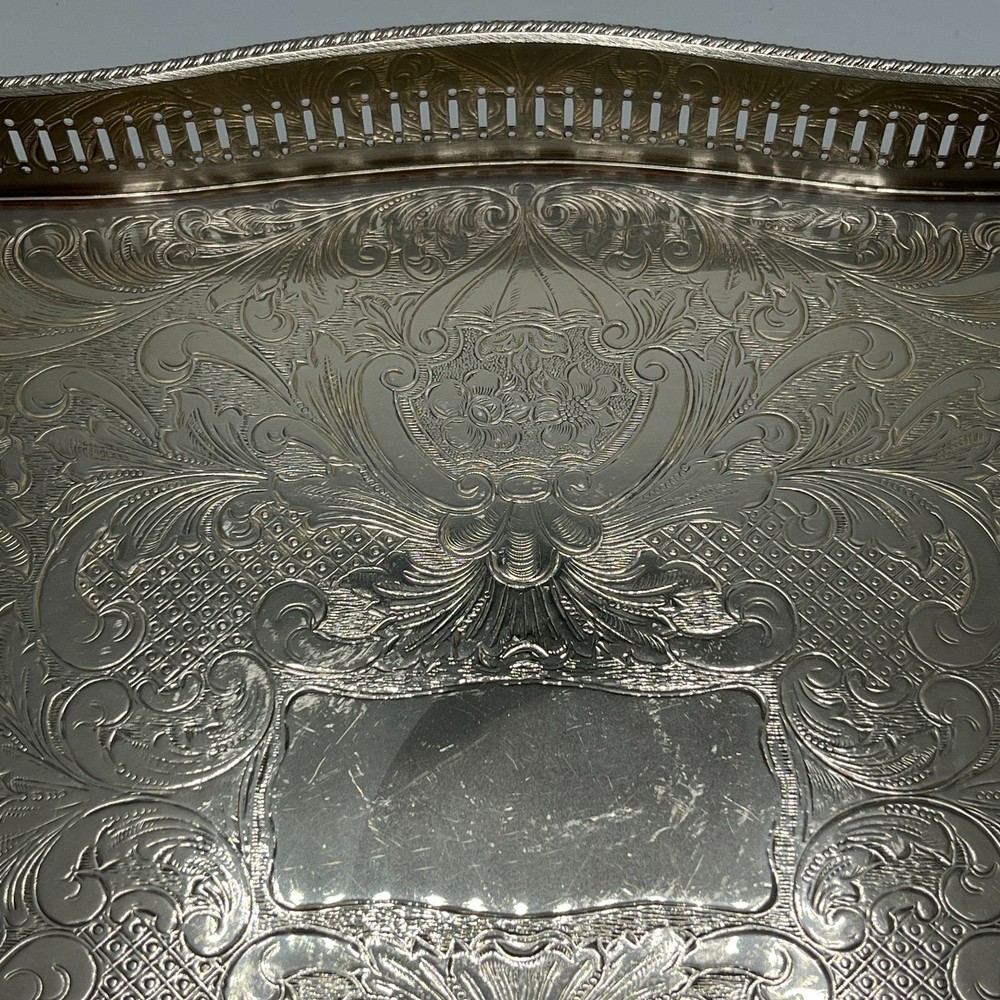 Vintage Silver Plate Footed Gallery Serving Tray Rectangular Serpentine Cocktail
