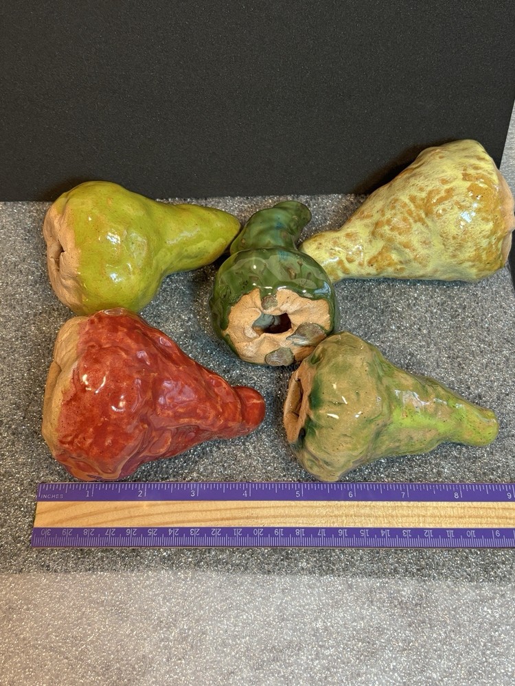 (5) Hand-Crafted Artisan Fruit Pear Unmarked Studio Glazed Pottery