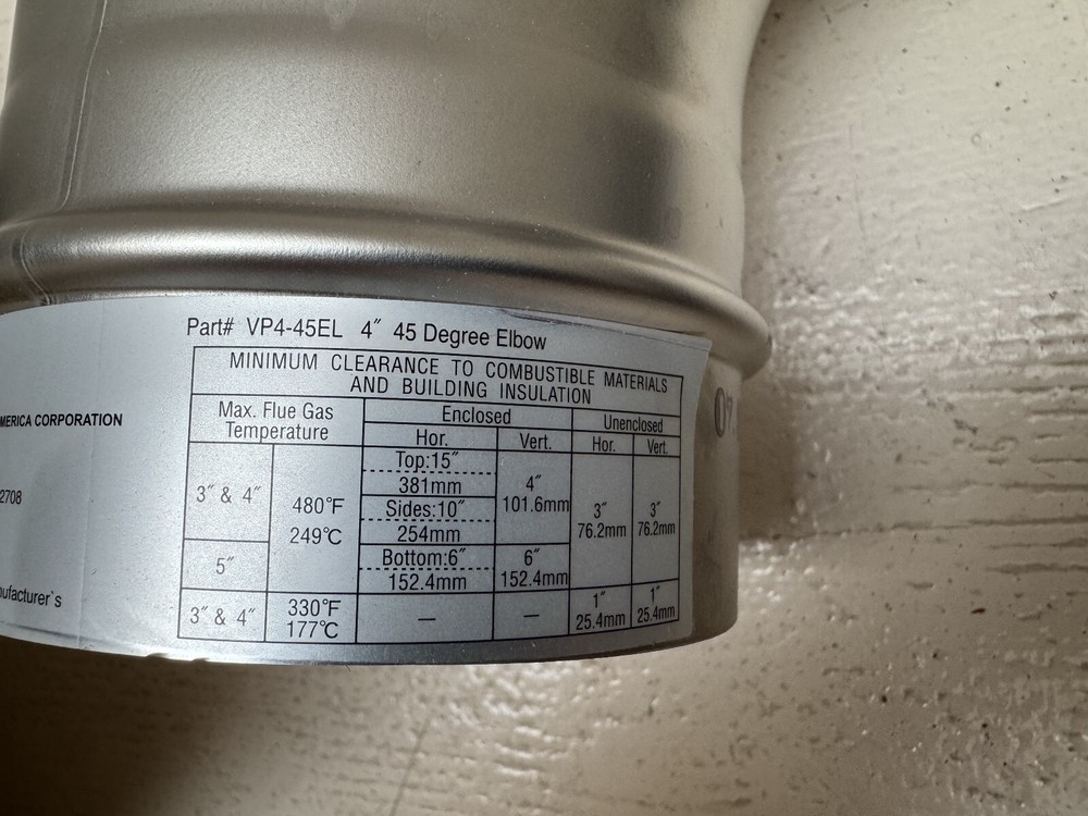 Noritz VP4-45EL 45 Degree Elbow Vent Pipe - Stainless Steel - 4" Diameter