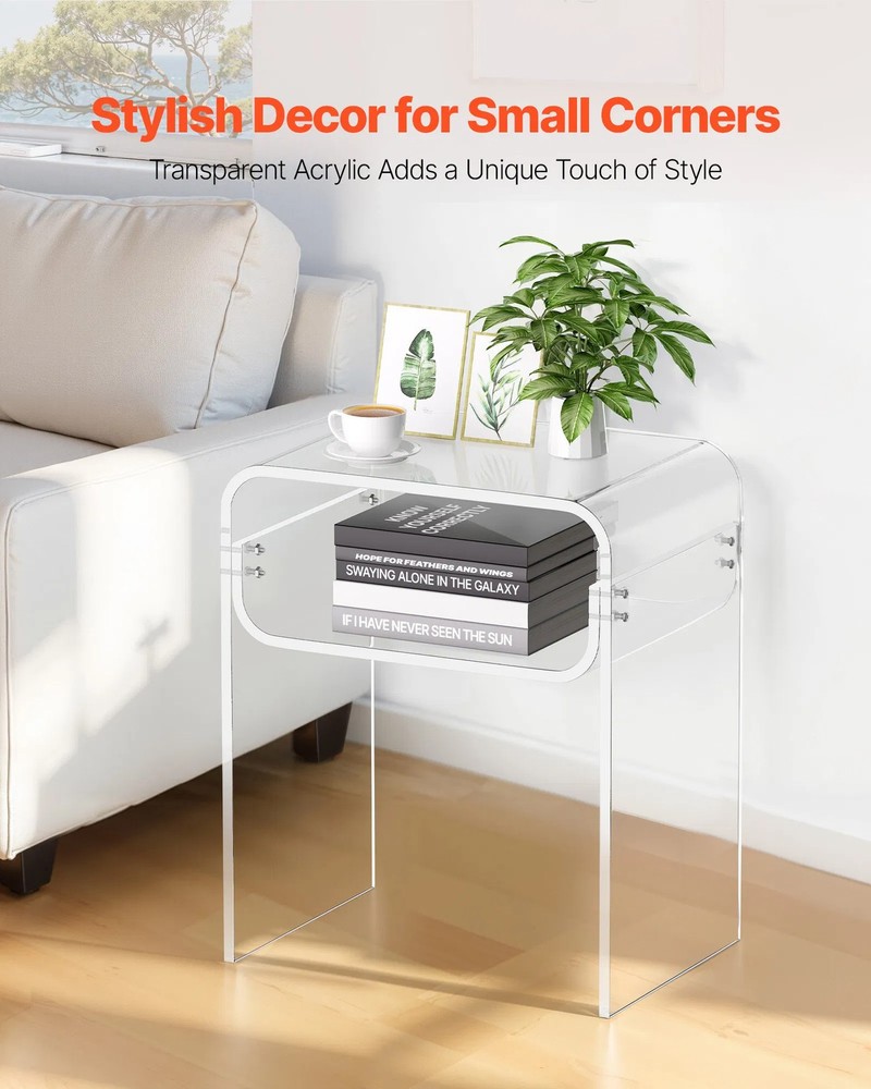 Acrylic Side Table, 2 Tiers Clear Bedside Table with Storage Shelf, Modern Recta