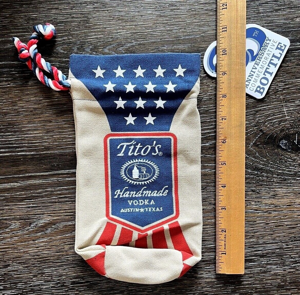 Tito's Vodka 25th Anniversary Embroidered Canvas Drawstring Bottle Bag NWT