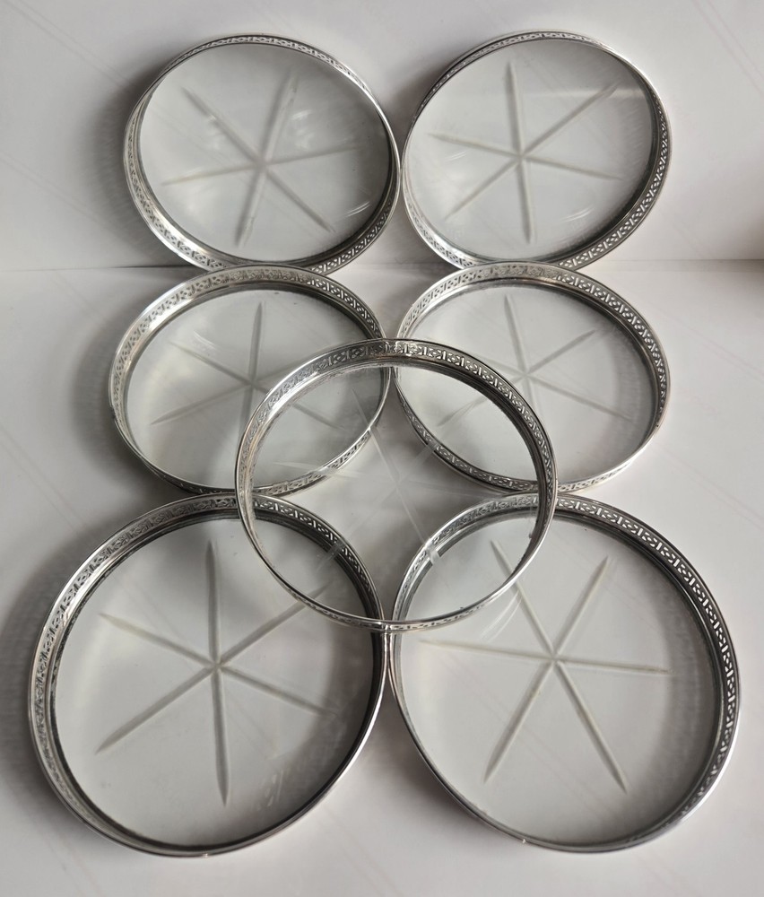 7 Vintage Webster Co. Starburst Star Sterling Silver Solid Rim Drink Coasters
