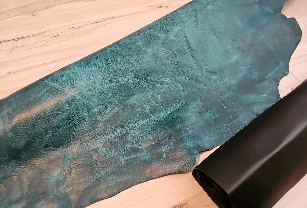 3-4oz VINTAGE PULL-UP DARK TURQUOISE TEAL DISTRESSED LEATHER HIDE SHEET,PANEL