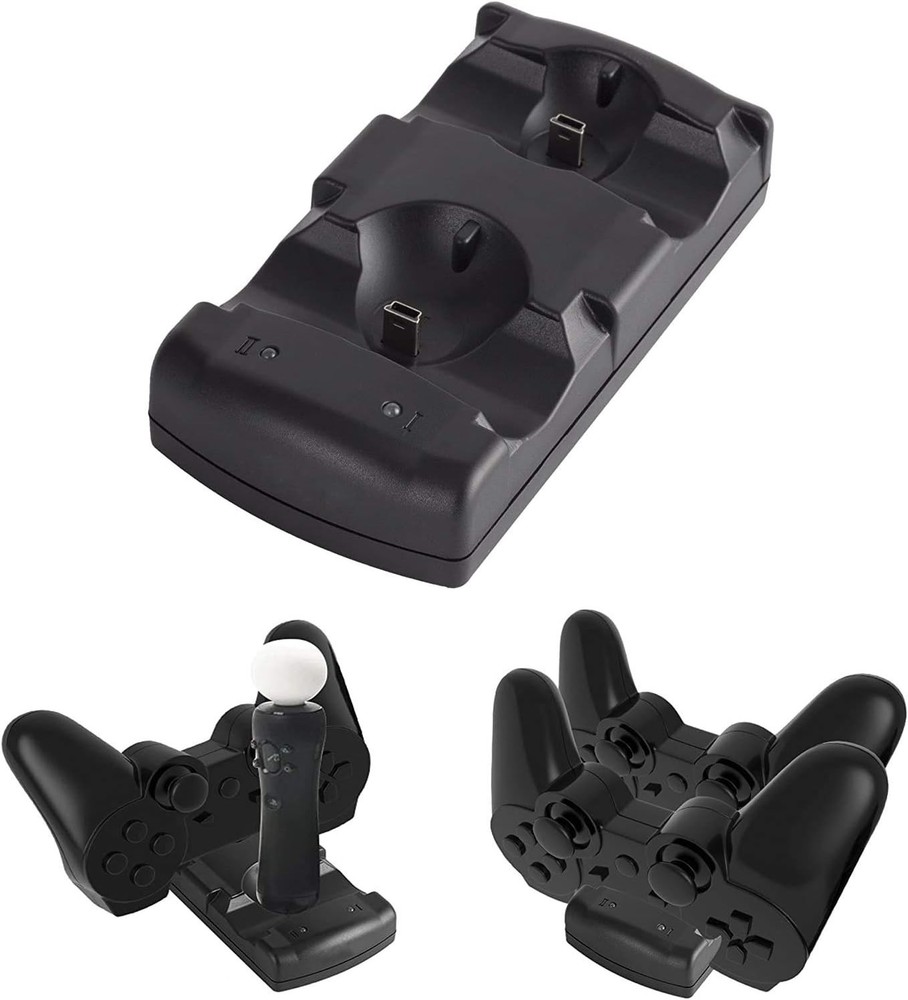 Black PS3 Controller Charging Station - Fast Charge with Built-in LED Indicator