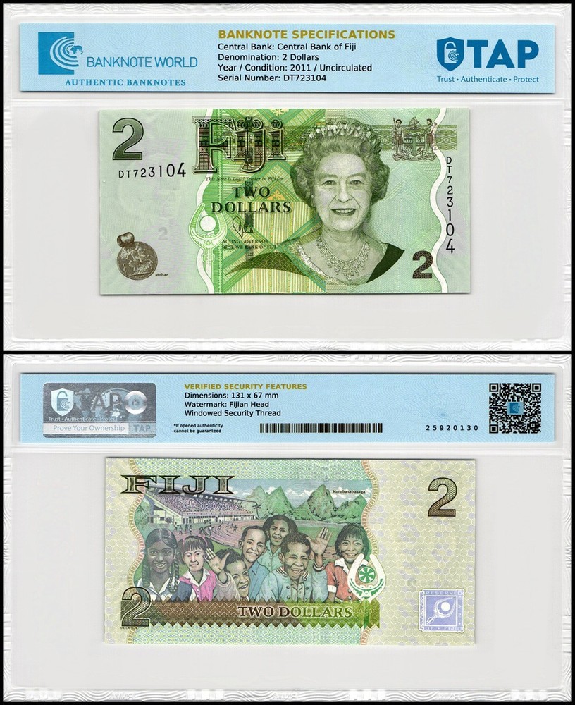 Fiji 2 Dollars, 2011 ND, P-109b, UNC, TAP Authenticated