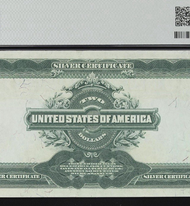 1899 $2 🇺🇸 Glorious (( Silver Certificate Mini Porthole )) Number ( 4 ) PMG 64