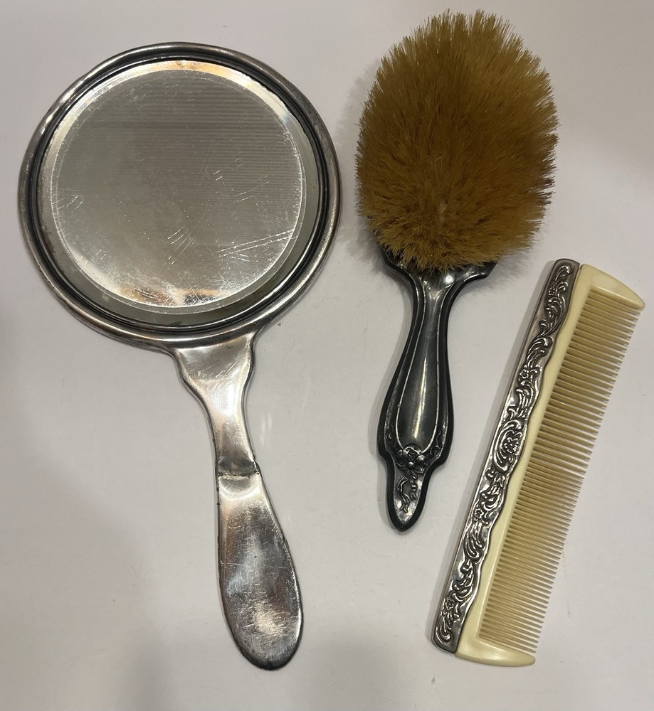 Antique Silver Plated 3 Piece Vanity Set Mirror, Brush & Comb