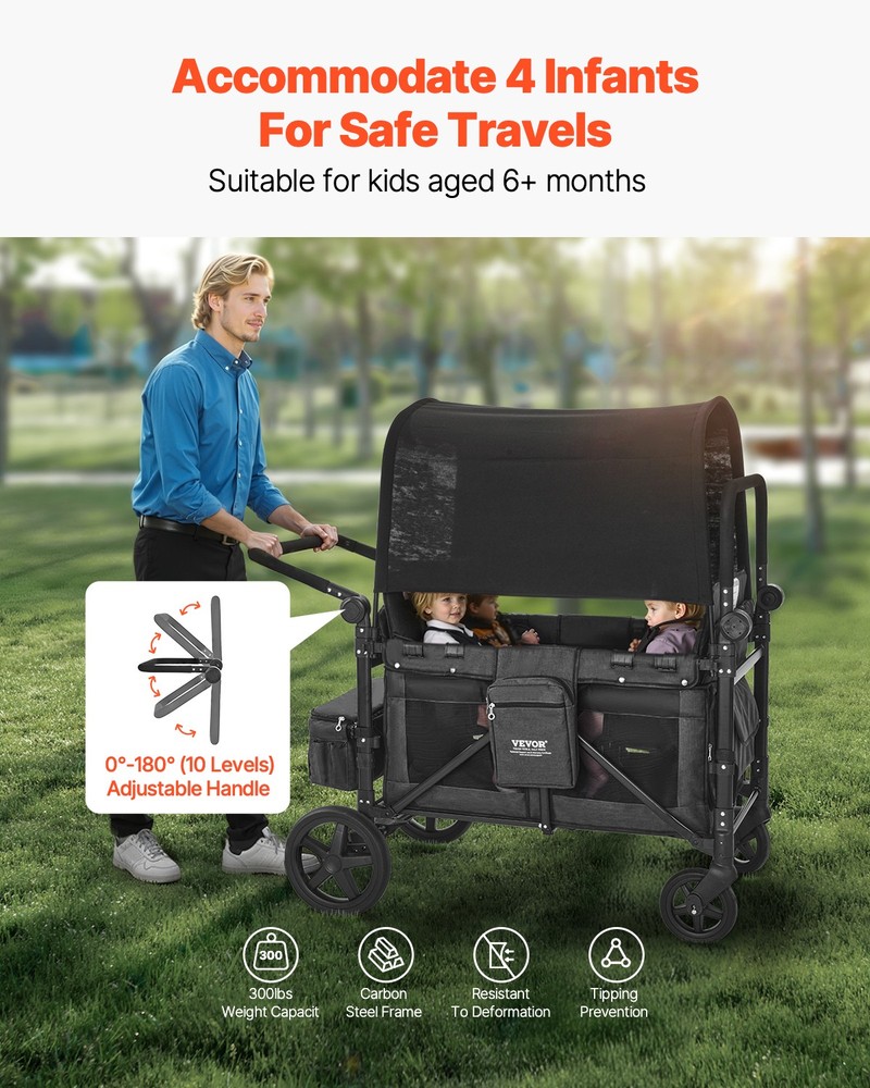 VEVOR Wagon Stroller 4 Kids Push Pull Quad Collapsible Stroller 330LBS Capacity