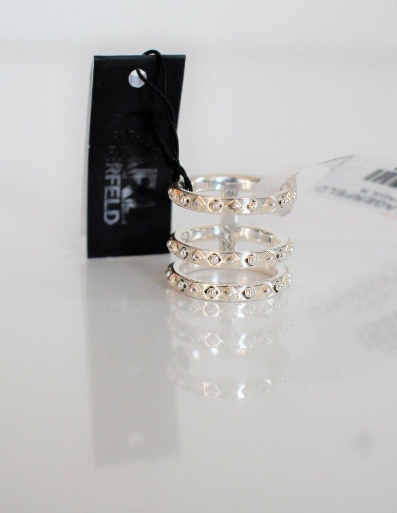 New Auth KARL LAGERFELD Paris Silver-Toned TRIPLE STACK RING Ring 52 US-6