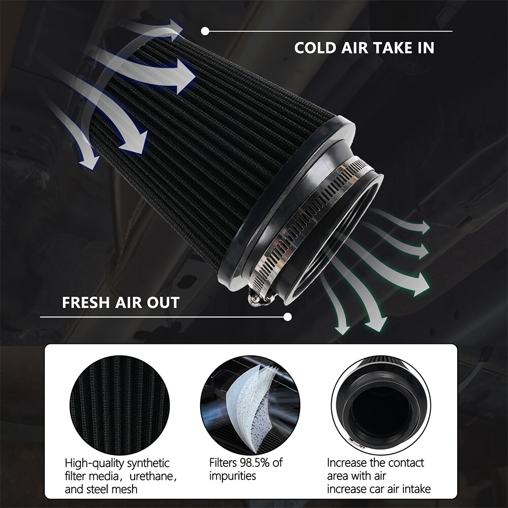 3" 76mm High Flow Inlet Dry Air Filter Cold Air Intake Cone Replacement Black