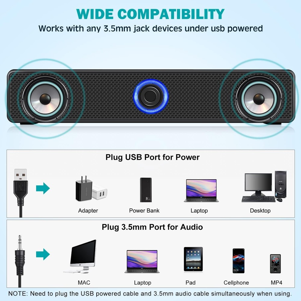Computer Speakers, USB Powered PC Speakers Wired Stereo Desktop Black