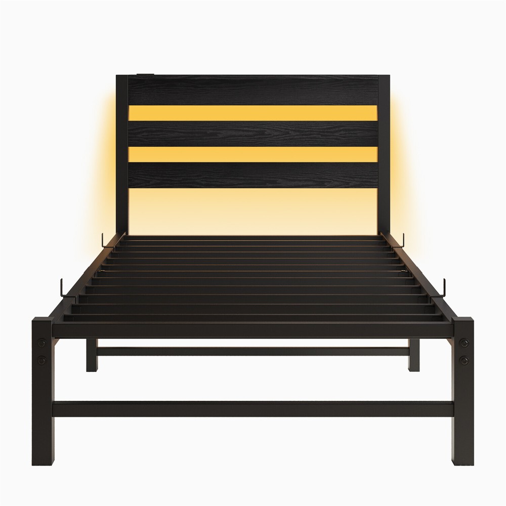 Twin Size Bed Frame Metal Platform Bed with LED Light & Charging Station