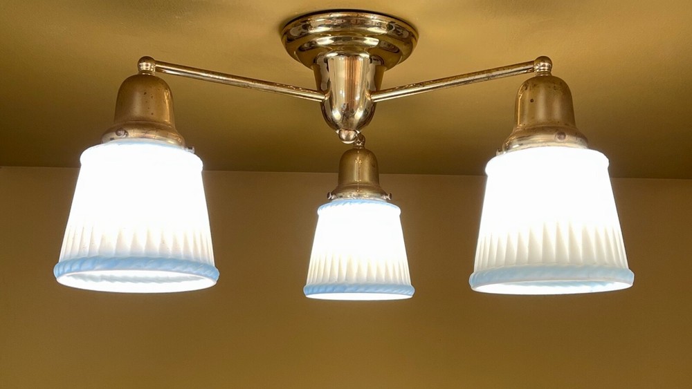 VERY LOW brass ceiling light with Blue Shades