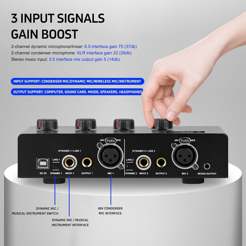 Microphone Preamp Mic Booster 4 Input Max 25db DI Box with 48V Phantom Power ...