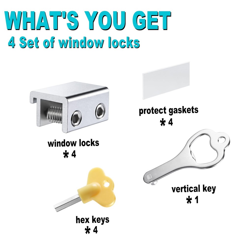 Sliding Window Locks 4 Sets, Security Window Locks with Keys, Adjustable Alum...
