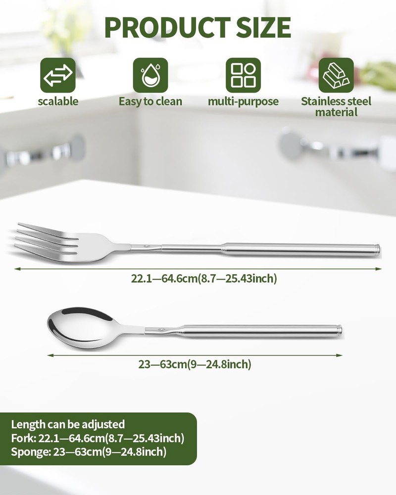 2 PCS Extendable Fork Spoon Set, Telescopic Stainless Steel Fork Spoon, Exten...