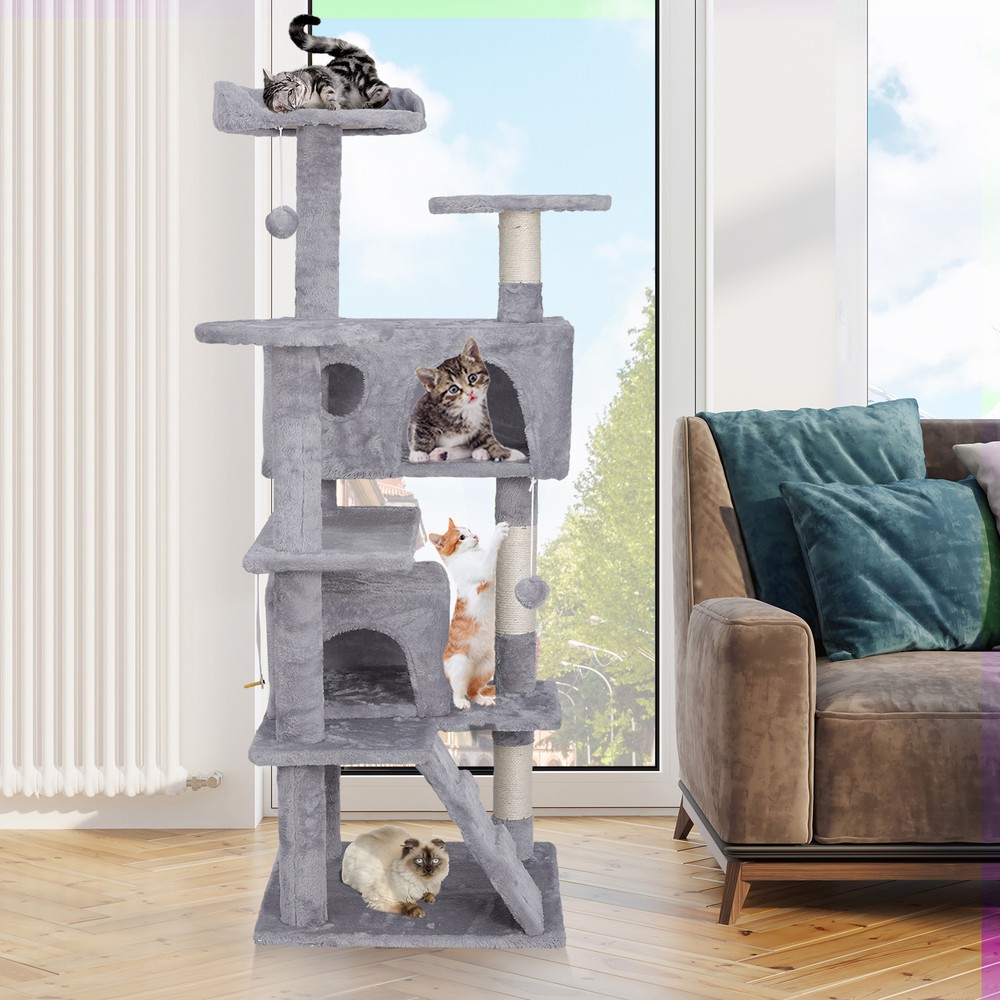 55" Cat Tree Multi Level Tower Condo Activity Center Scrathching Post Light Grey