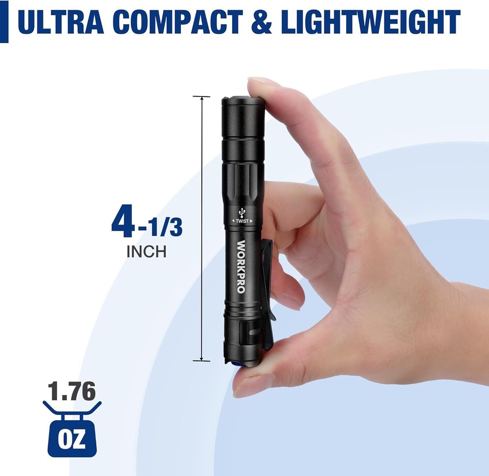 WORKPRO Rechargeable Pen Light Mini Flashlight 2 Pk Ultra-Compact EDC Flashlight