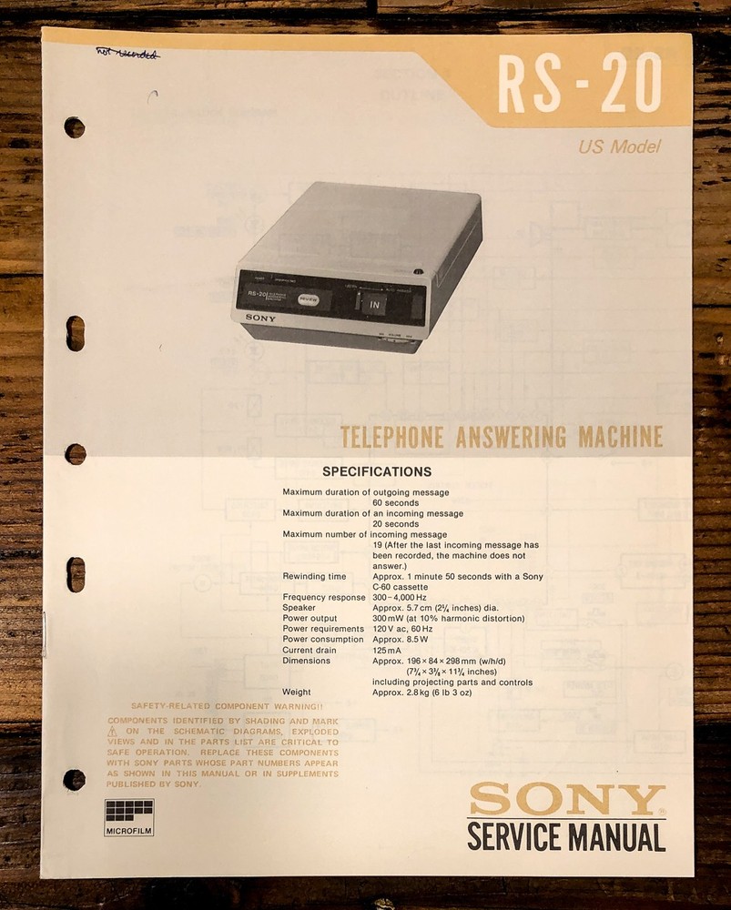 Sony RS-20 Answering Machine Service Manual *Original*