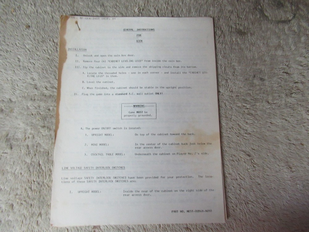 KICK MIDWAY kickman general instructions arcade  video game manual