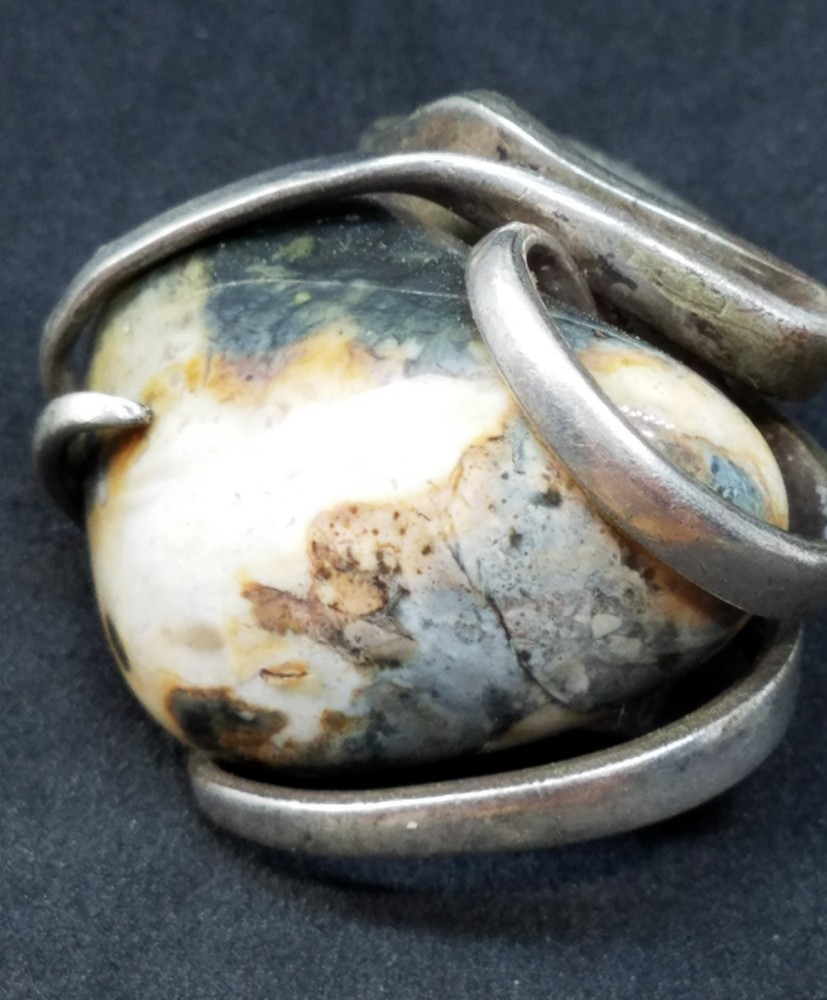 Vintage Fork Ring Large Stone Artisan Silver Tone Size 7