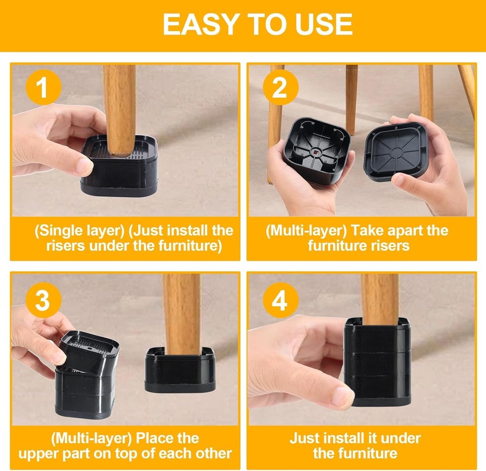8-Pack Adjustable Furniture Bed Risers 1-2" Heavy Duty Stackable Black