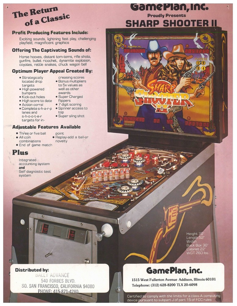Sharp Shooter II Game Plan Pinball Flyer / Brochure / Ad