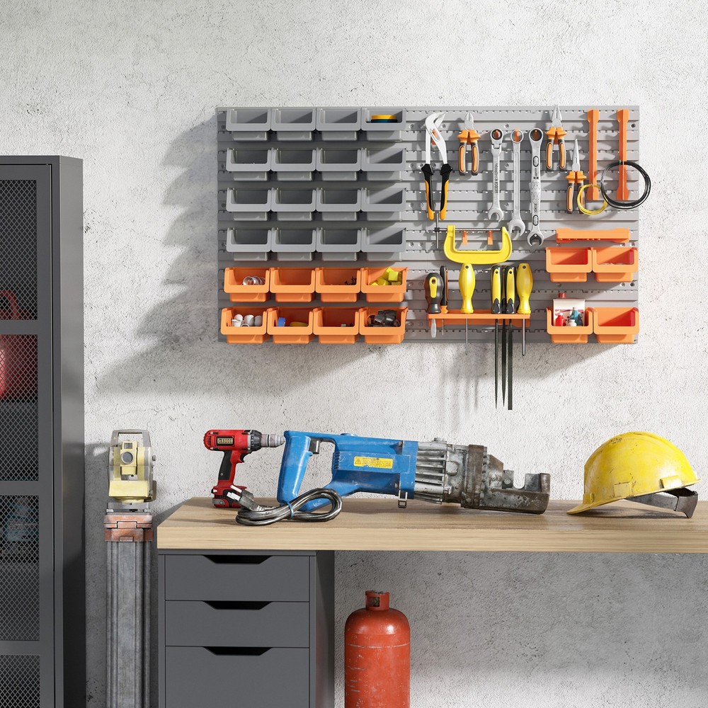 Tool Organizer Pegboard Wall Mount 44PCS Hooks Bins Garage Workshop Storage