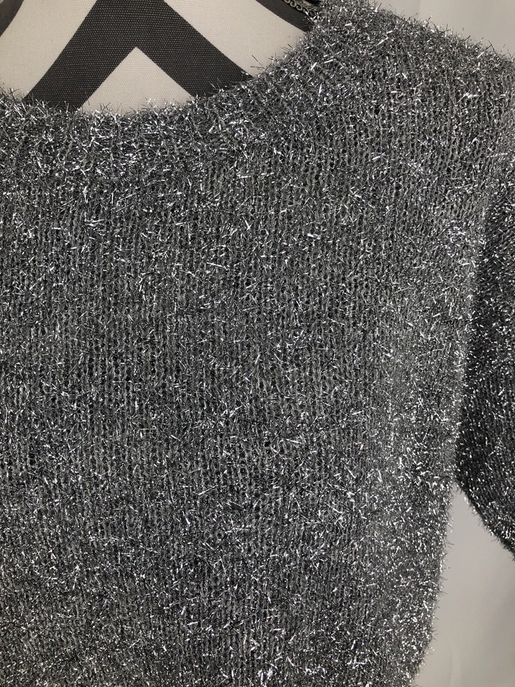 She + sky Gray Silver Tinsel Oversized Short Sleeve Sweater Small NWT