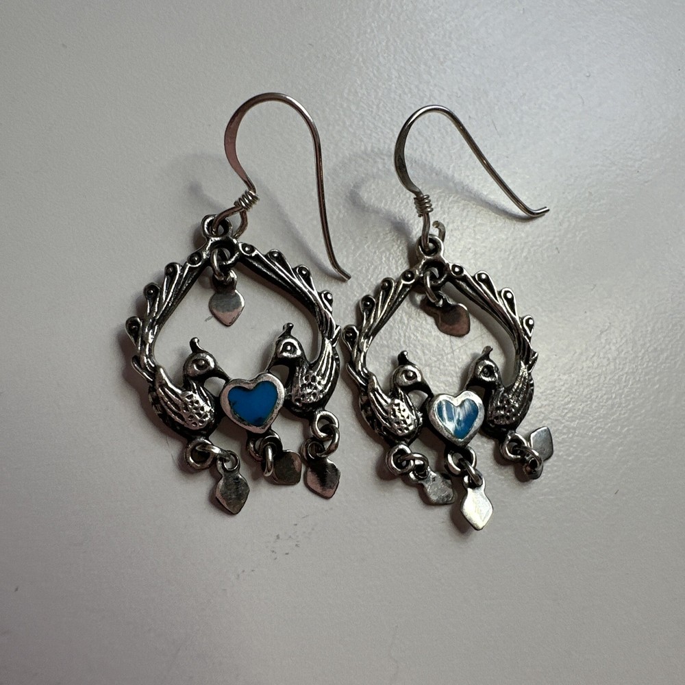 Sterling Silver Peacock Hook Earrings Turquoise Colored Heart