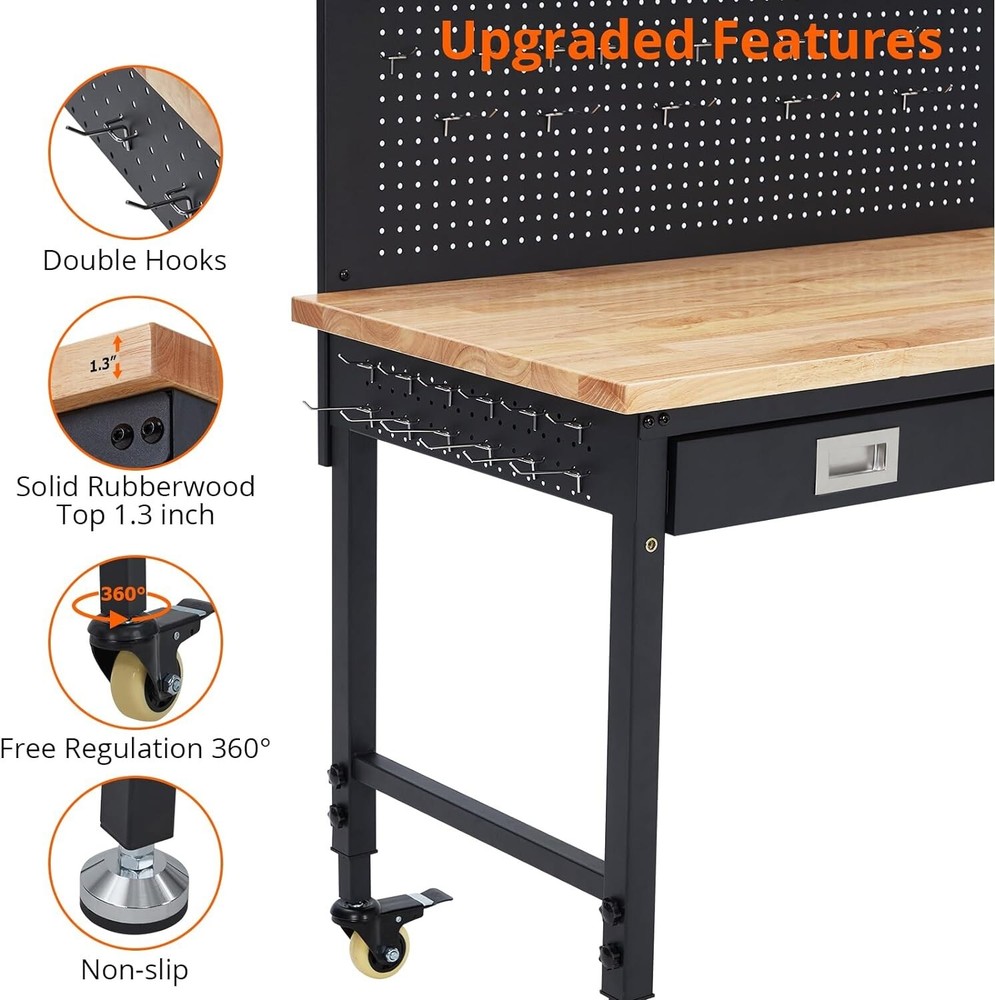 48" Adjustable Height Workbench 2000 LBS Workstation With LED Backplate & Drawer