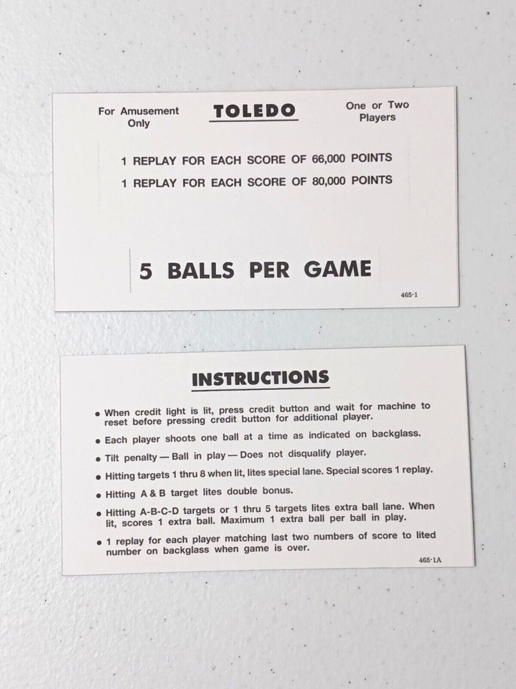 TOLEDO (WILLIAMS) SCORE CARDS (10) CARD SET