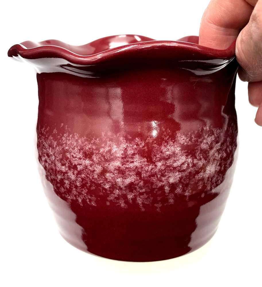 Studio Pottery Cache Pot/Planter, Ruffled, 5", Berry Red w/Speckled Band, Signed
