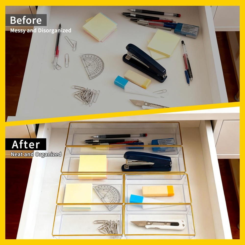 6 Pack Large Size Clear Stackable Drawer Organizer Trays, Gold Rim Makeup Dra...
