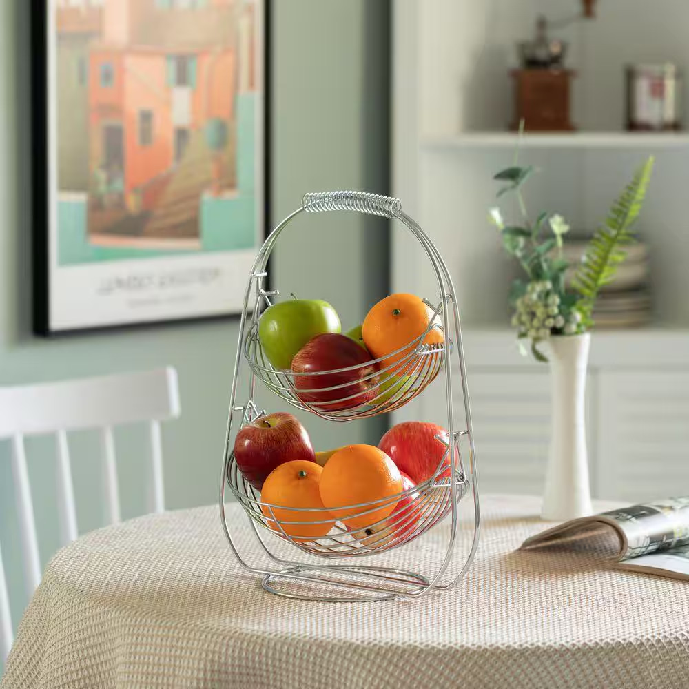 2 Tier Fruit Swing Basket for Kitchen, Detachable Countertop Vegetables Storage
