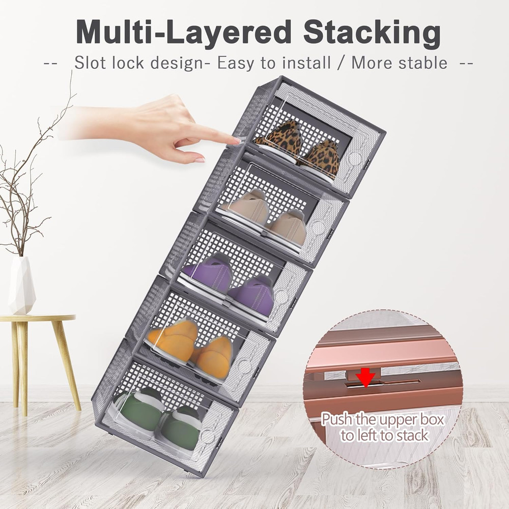12 Pack Shoe Storage Boxes Clear Stackable Organizer Drop Front Closet Bin