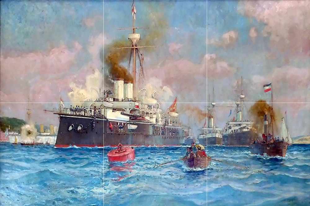 Seascape ship waves boat A. Kircher Tile Mural Kitchen Backsplash Marble Ceramic
