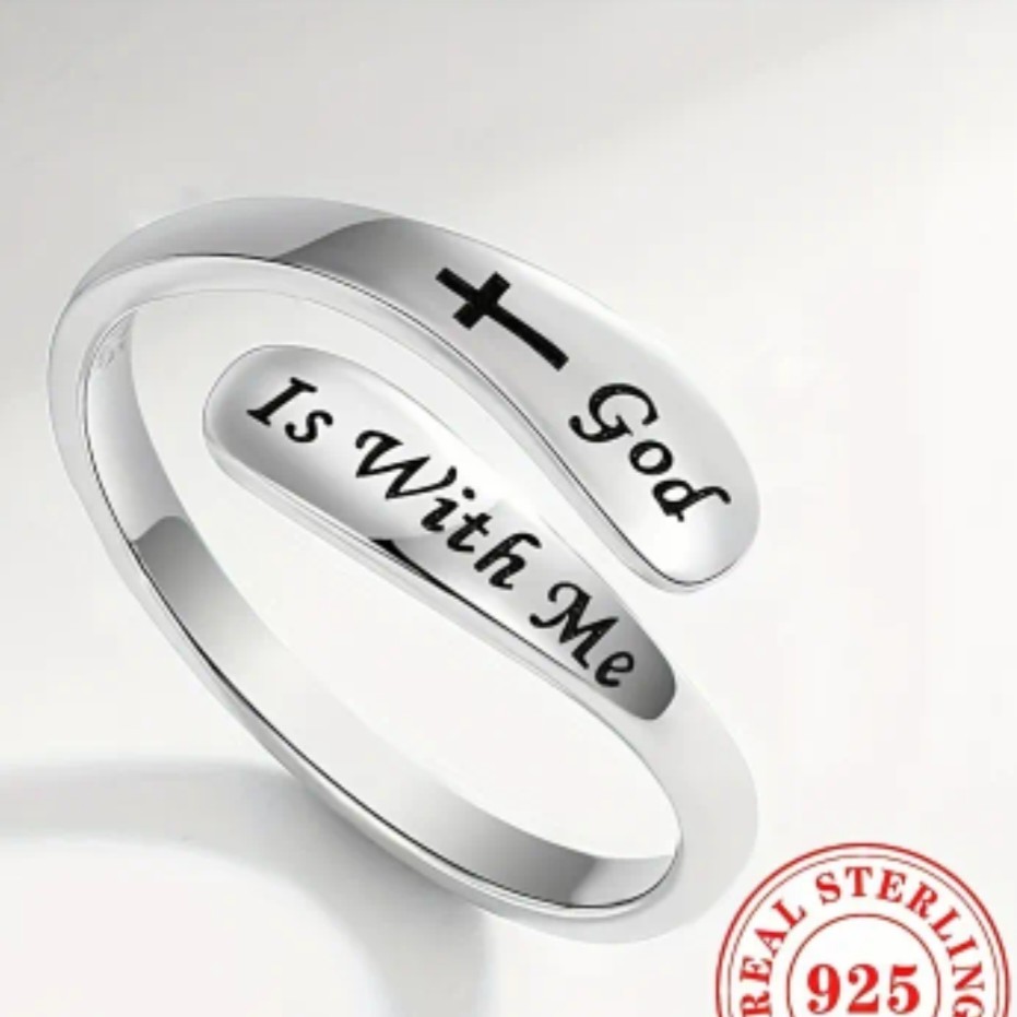 Solid 925 Sterling Silver Adjustable Ring with "God is with me" engraved