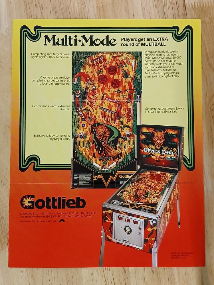 1982 Original Gottlieb Devil's Dare Pinball Sales Brochure NICE