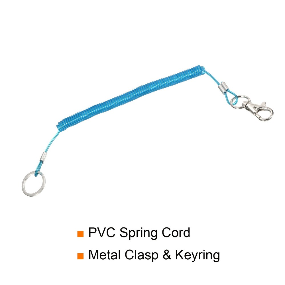 6" Plastic Retractable Coil Spring Keychain Strap Ring Lobster Clasp, Blue