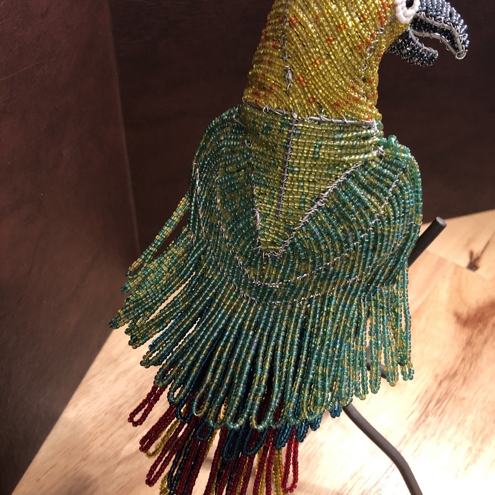 Parrot Sculpture with perch on stand Beaded Beautiful