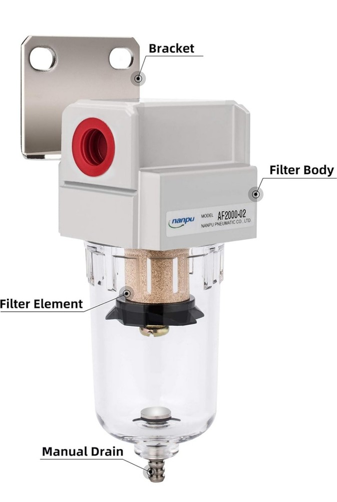 1/4" NPT Compressed Air Line Filter, 5 Micron Brass Element, Poly Bowl