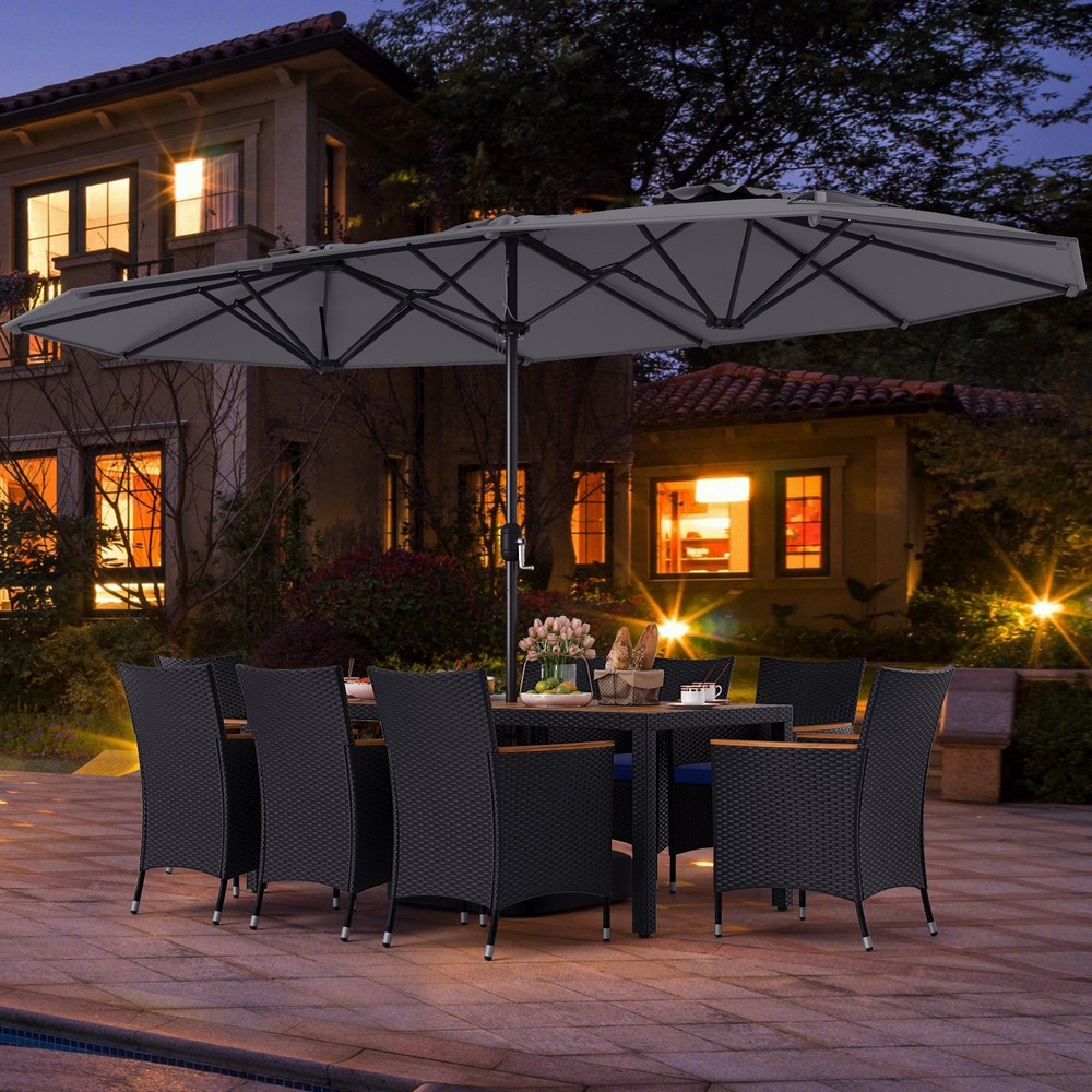 11 PCS Patio Wicker Dining Set w/Double-Sided Outdoor Umbrella 8 Stackable